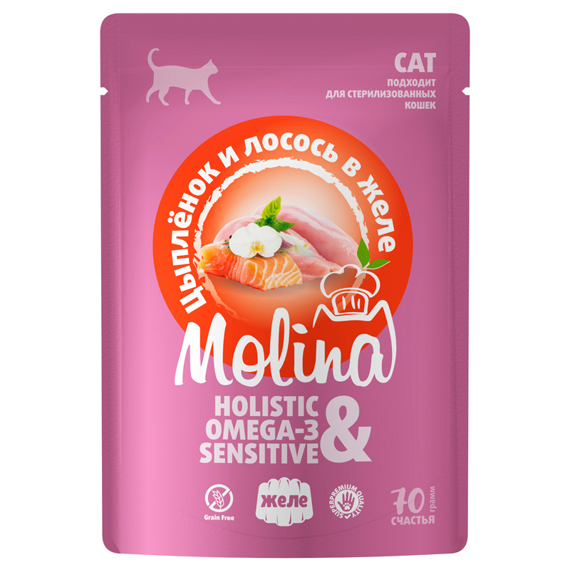 Molina Корм для взрослых кошек. Цыплёнок и лосось в желе. Пауч, 70 г 1 Molina Корм для взрослых кошек. Цыплёнок и лосось в желе. Пауч, 70 г 1
