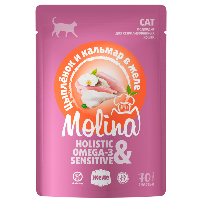 Molina Корм для взрослых кошек. Цыплёнок и кальмар в желе. Пауч, 70 г 1 Molina Корм для взрослых кошек. Цыплёнок и кальмар в желе. Пауч, 70 г 1