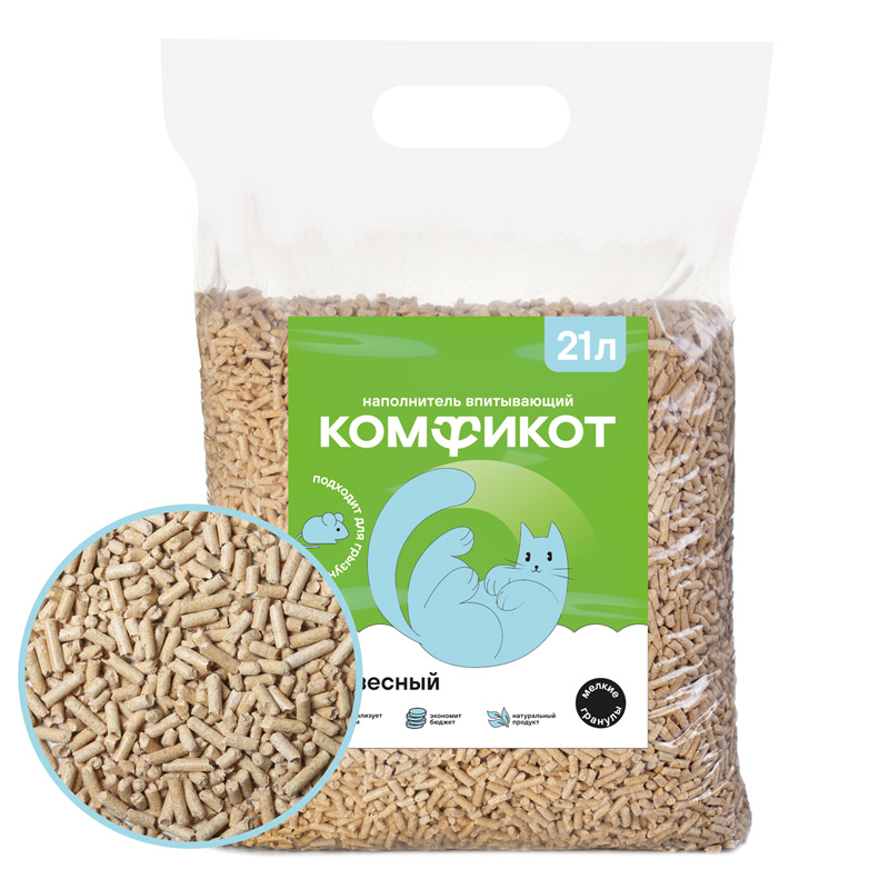 Комфикот Наполнитель древесный впитывающий, мелкие гранулы, 21л, 7 кг 1
