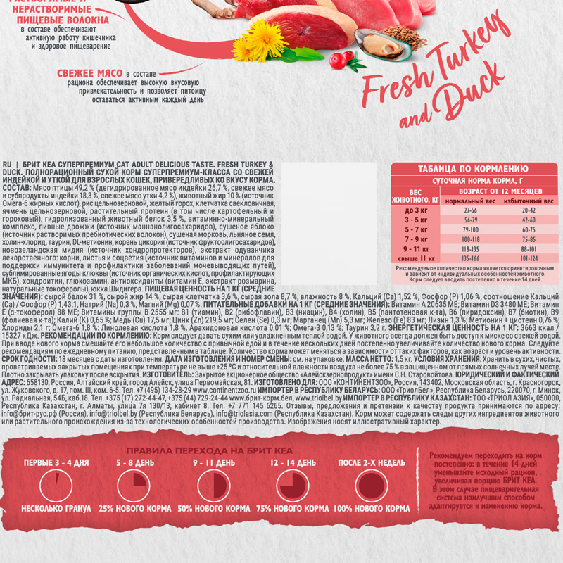 Брит Кеа Сухой корм с индейкой и уткой для взрослых кошек. ADULT DELICIOUS TASTE, 1,5 кг 5