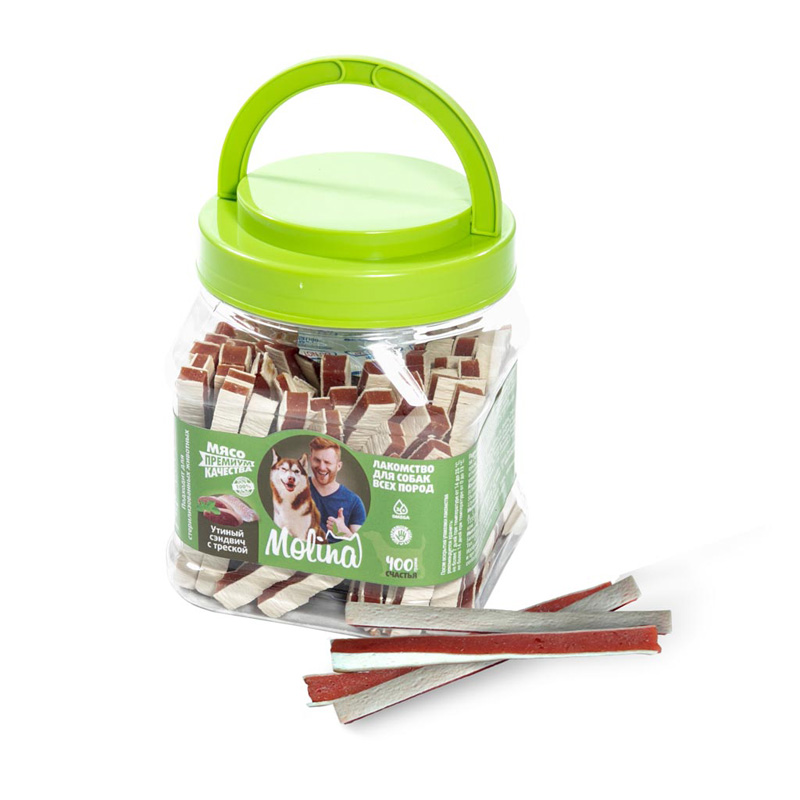 Molina Лакомство для собак "Утиный сэндвич с треской", 400 г 6