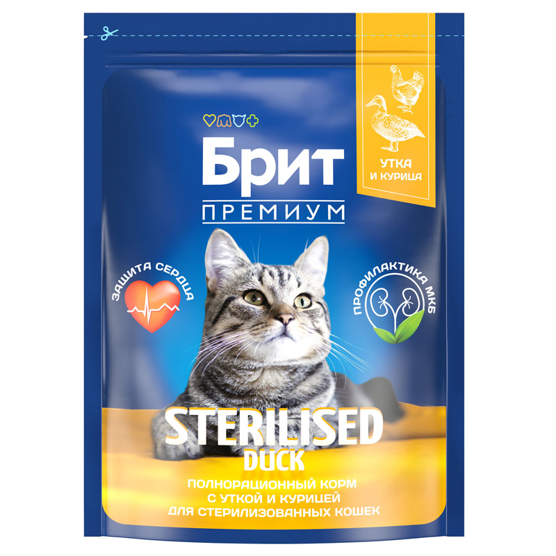 Brit Premium Корм сухой для взрослых стерилизованных кошек с уткой и курицей Cat Sterilised Duck&Chicken, 2 кг 2