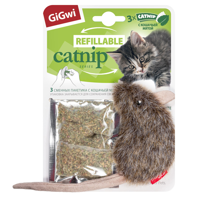 Gigwi Игрушка для кошек Мышка с кошачьей мятой 10см, серия REFILLABLE CATNIP 3