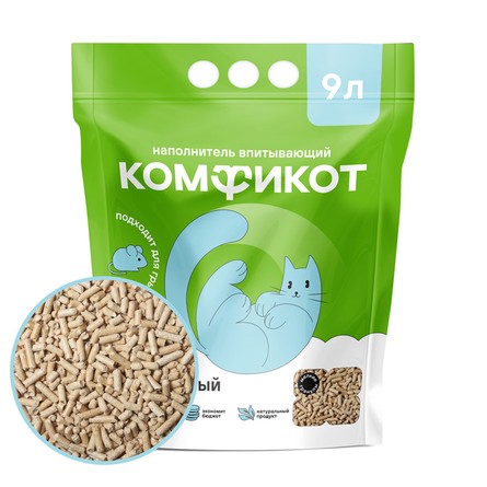 Комфикот Наполнитель древесный впитывающий, мелкие гранулы, 9л, 3  кг