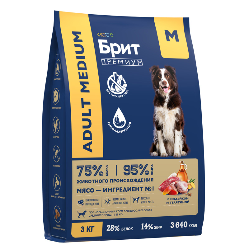 Brit Premium Корм сухой для взрослых собак средних пород с индейкой и телятиной Dog Adult Medium, 3 кг 3