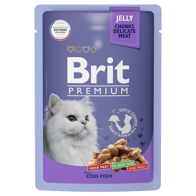 Brit Premium Пауч для взрослых кошек с треской в желе, 85 г 1