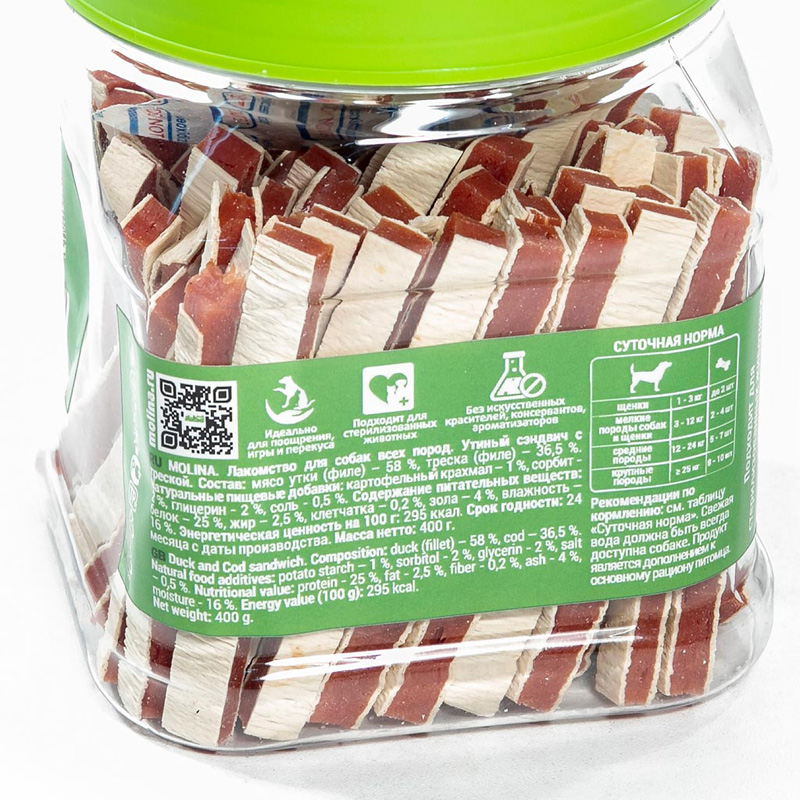 Molina Лакомство для собак "Утиный сэндвич с треской", 400 г 4