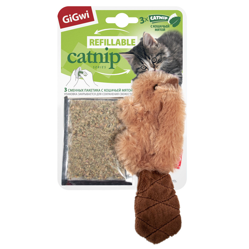 Gigwi Игрушка для кошек Бобренок с кошачьей мятой 16см, серия REFILLABLE CATNIP 3