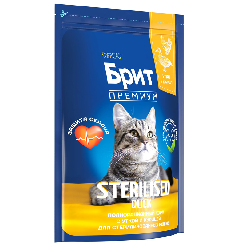 Brit Premium Корм сухой для взрослых стерилизованных кошек с уткой и курицей Cat Sterilised Duck&Chicken, 2 кг 3